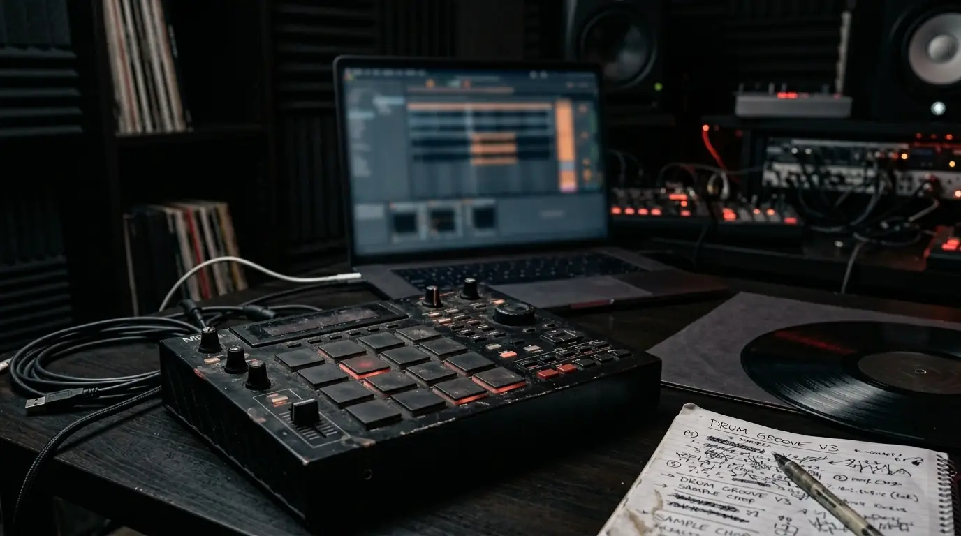 Realistic beatmaker studio setup for Suno sampling prompts