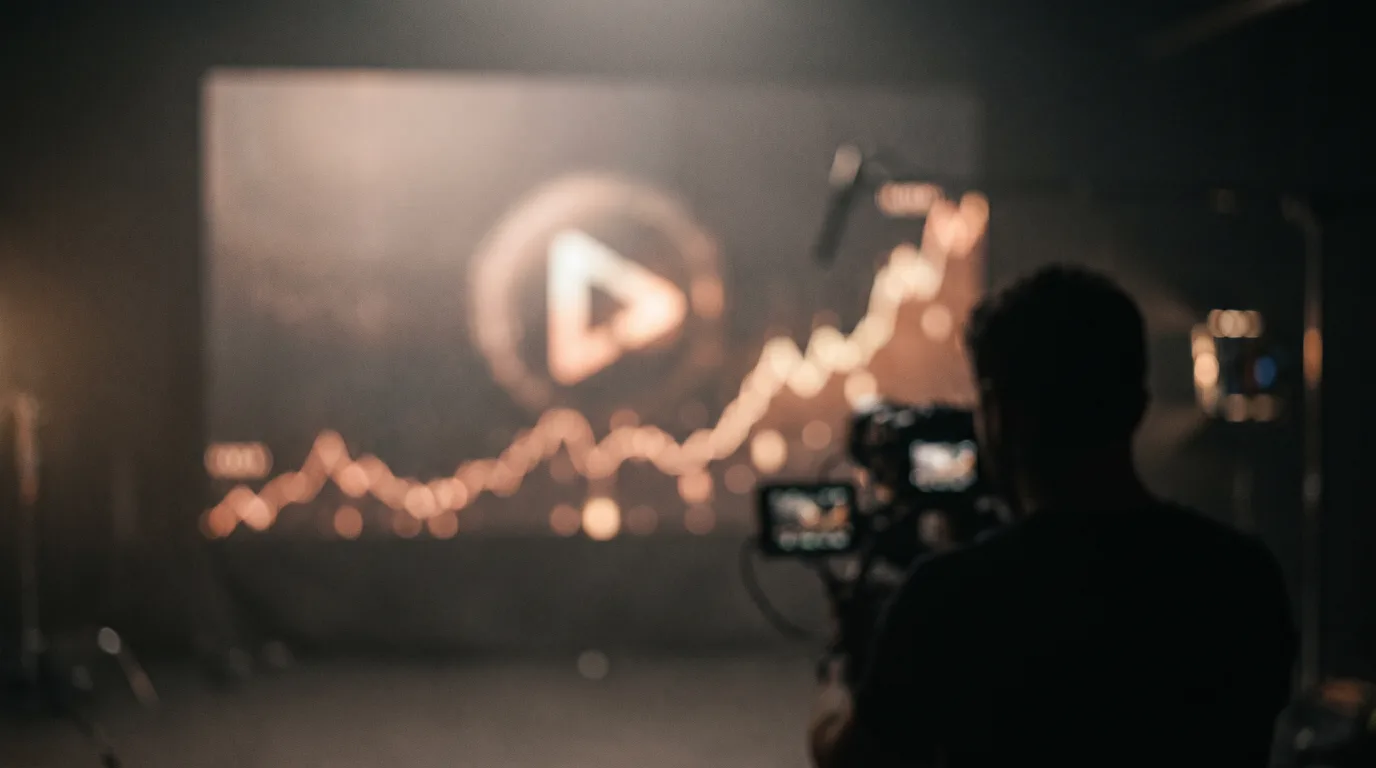 Night studio screen glowing with a play button and a rising graph for a type beat channel