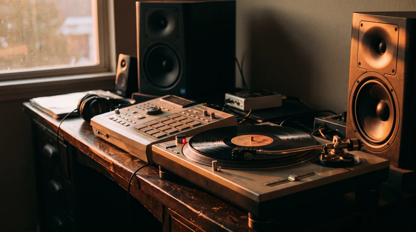 Beatmaker flipping a sample into a finished beat in a studio setup
