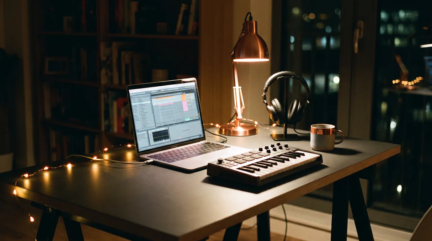 Beginner beatmaker setup with a laptop running a DAW and a pair of headphones