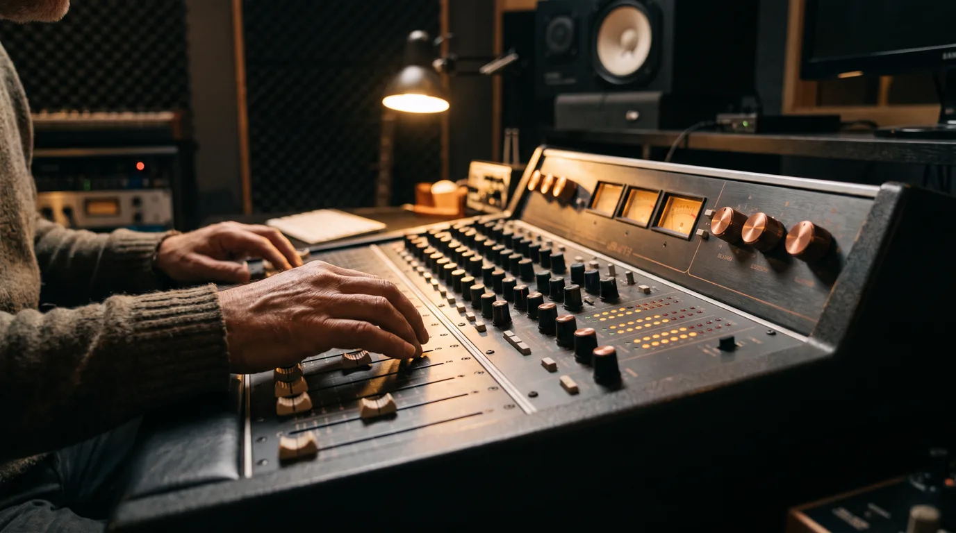 Close-up of a mixing console with glowing faders and level meters in a dark studio