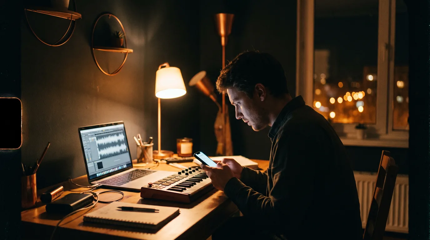 Beatmaker at a home studio setup selling beats online without an audience