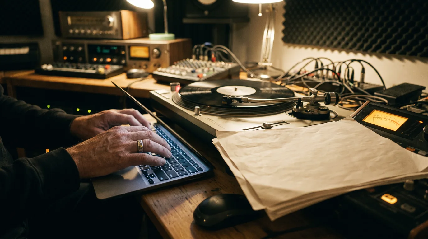 Beatmaker studio desk with a laptop showing AI-generated audio ready to sample