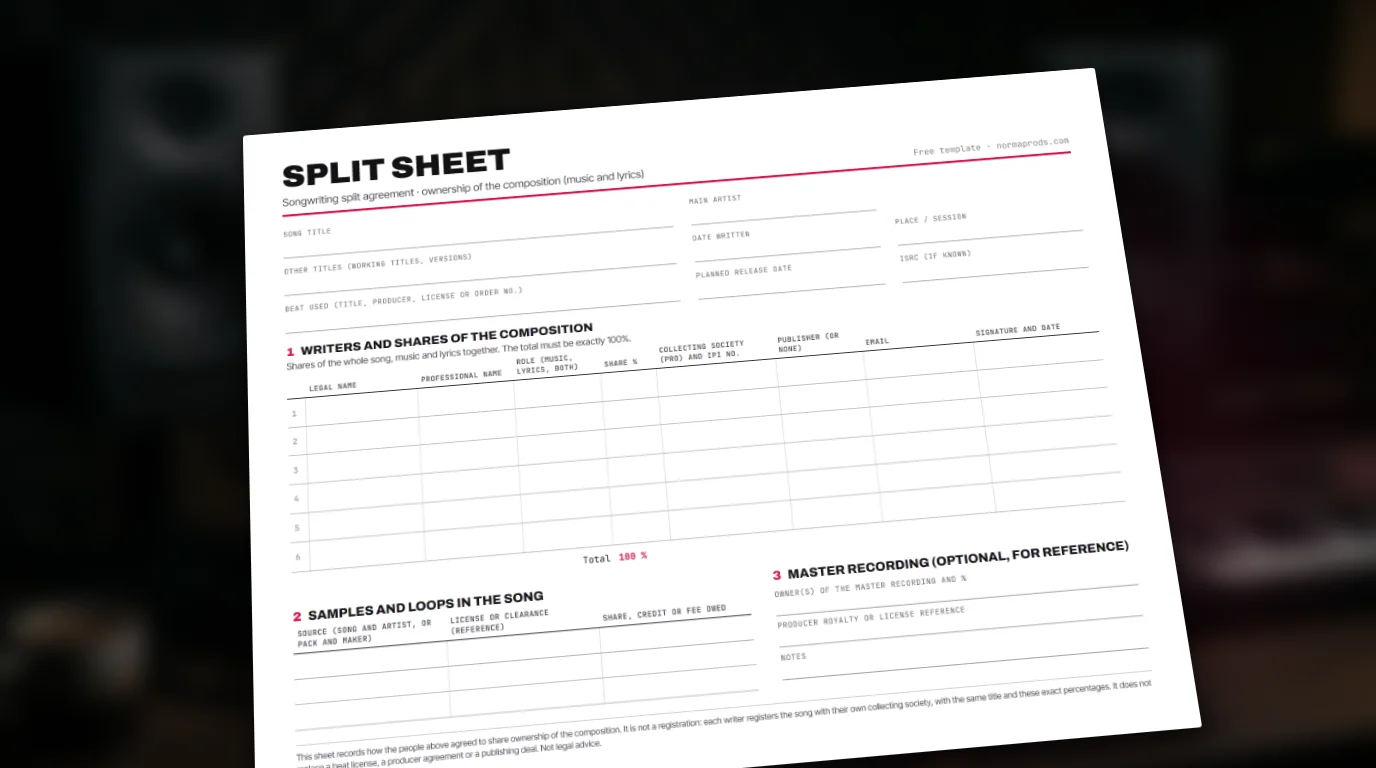 Le modèle de split sheet NormaProds : le morceau, les auteurs et compositeurs avec leurs parts, les samples et le master