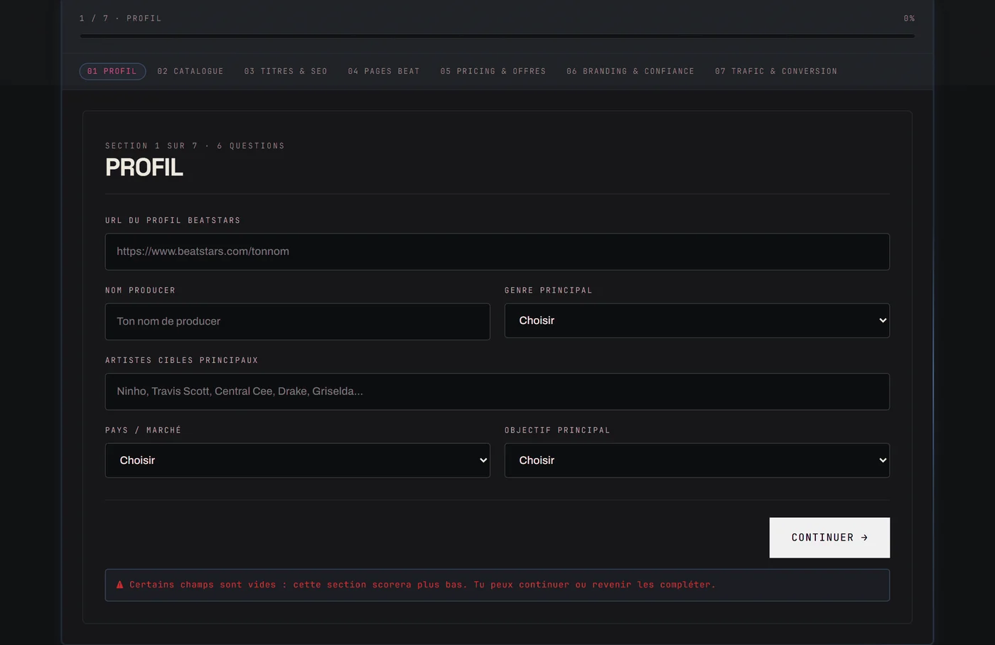 L'interface de BeatStars Audit : section une sur sept, le profil.