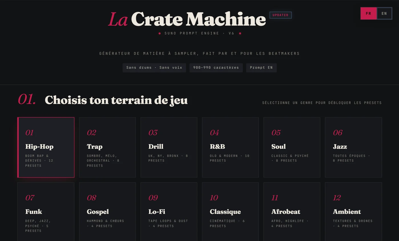L'interface de Crate Machine : choisis un genre parmi douze, puis règle la saveur.