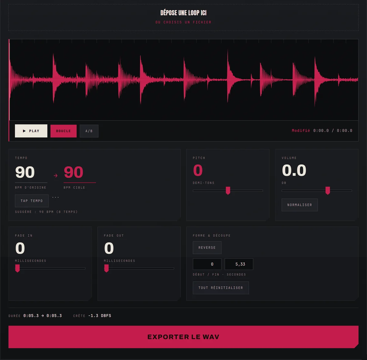 L'interface de Loop Machine avec une boucle chargée : forme d'onde, tempo, pitch, fondus et export.