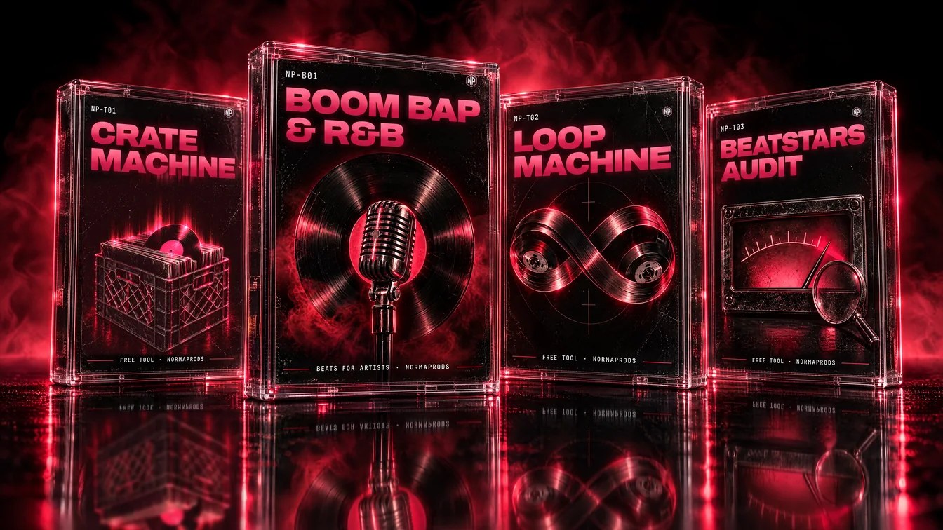 Four black cassette tapes with red rim light, each case carrying its cover: Boom bap & R&B beats, Crate Machine, Loop Machine and BeatStars Audit.