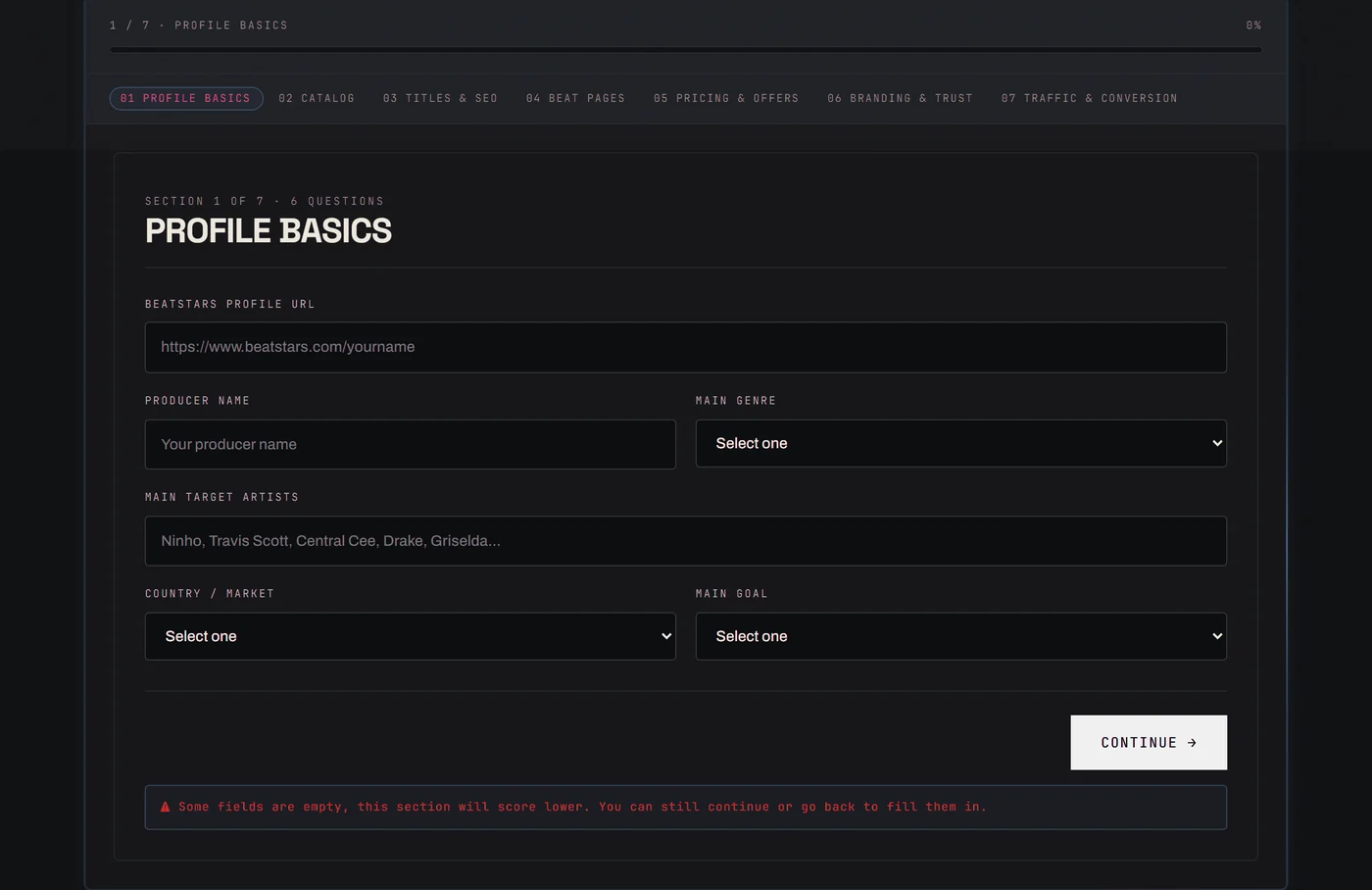 The BeatStars Audit interface: section one of seven, profile basics.