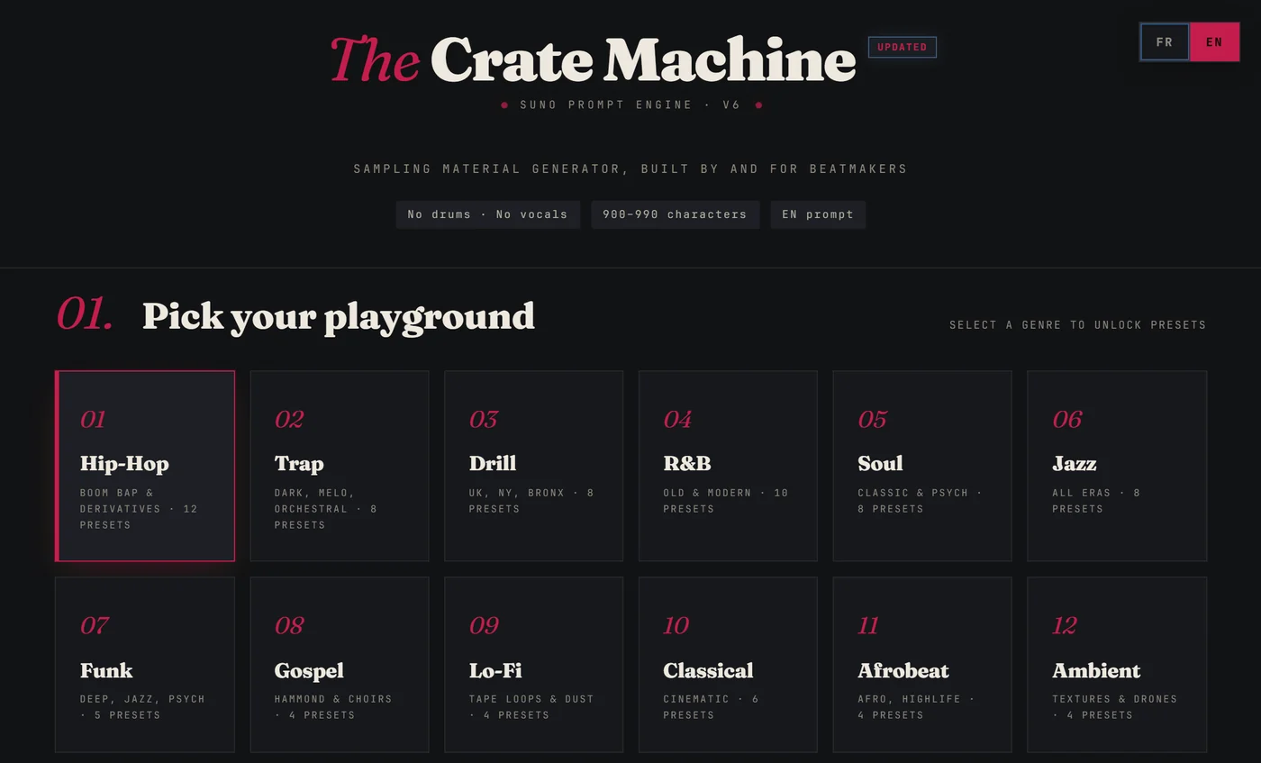 The Crate Machine interface: pick a genre among twelve, then dial in the flavor.