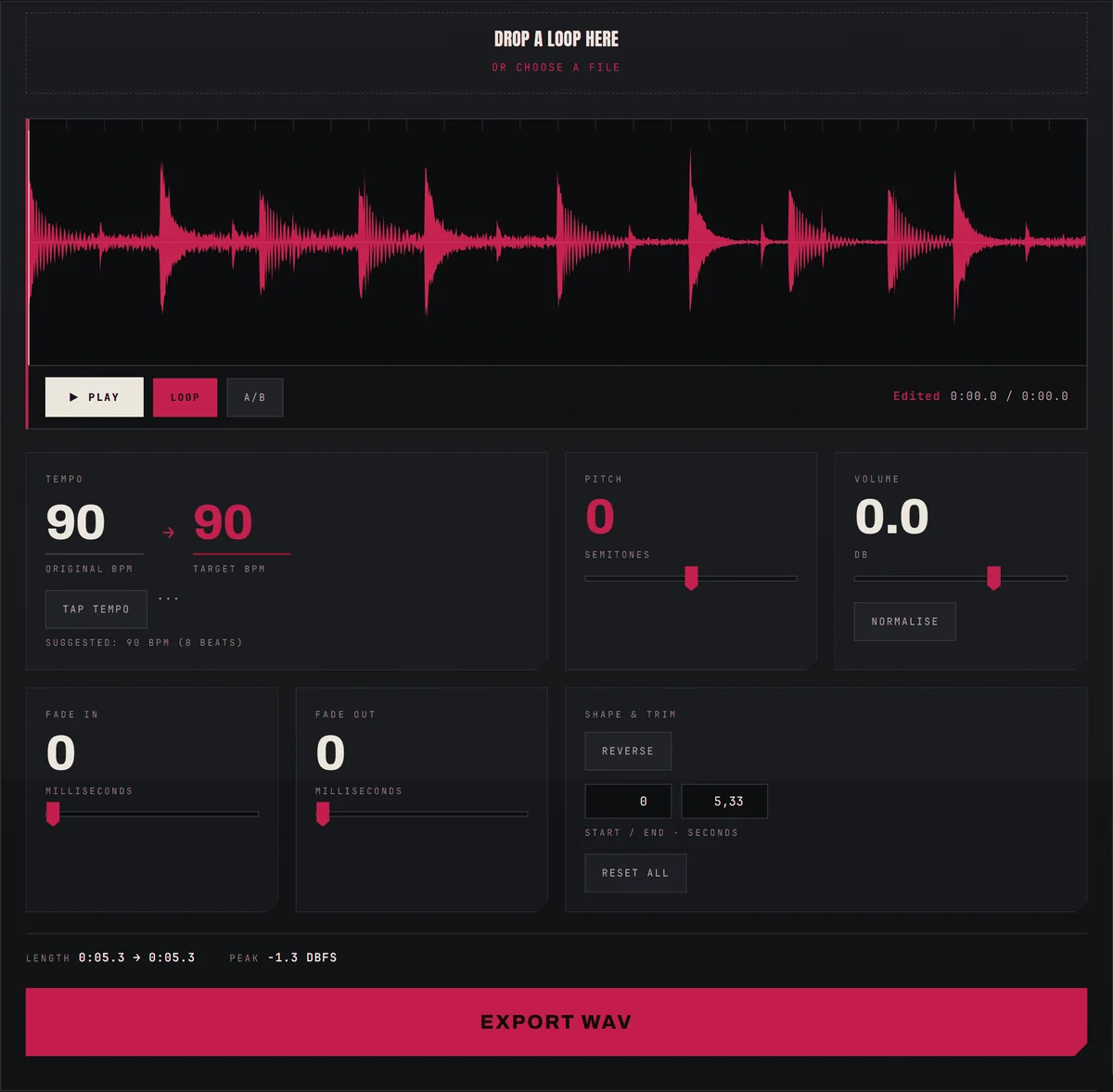 The Loop Machine interface with a loop loaded: waveform, tempo, pitch, fades and export.